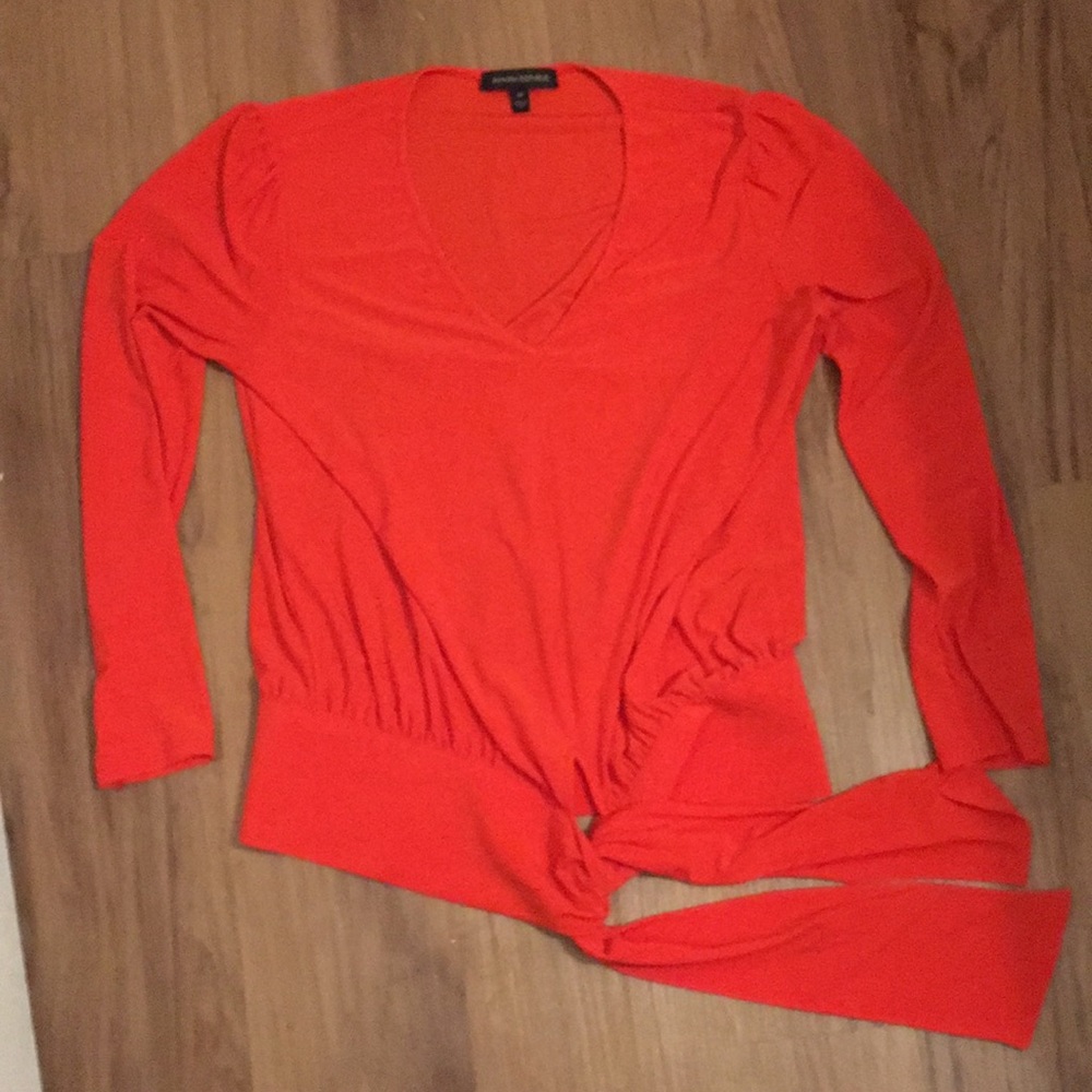 V-neck long sleeve tie blouse.